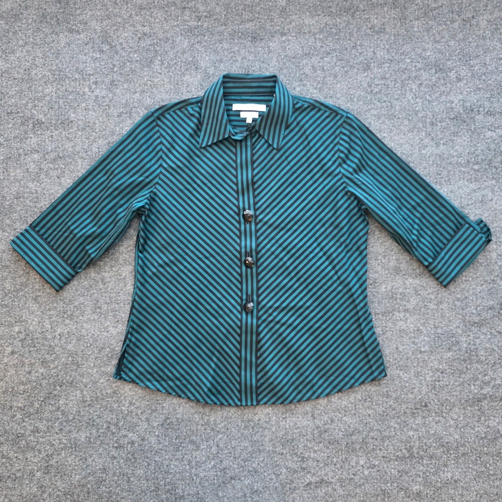 Dark Academia Teal Striped Button Up Shaped Shirt By Foxcroft 6P